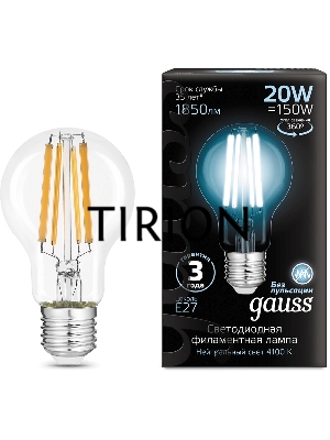 Лампа светодиодная Gauss Filament 20Вт цок.:E27 груша 220B св.свеч.бел.нейт. (упак.:10шт)