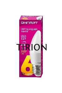 Лампа светодиодная ОНЛАЙТ 71630 OLL-C37-6-230-2.7K-E27-FR 6Вт свеча 2700К тепл. бел. E27 450лм 176-264В
