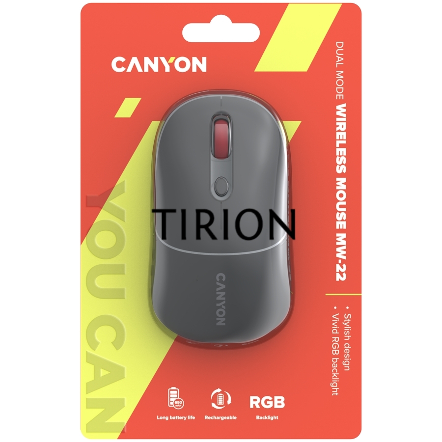 Мышь беспроводная Canyon MW-22 темно-серый, 1600 dpi, радиоканал, Bluetooth, USB, кнопки - 4