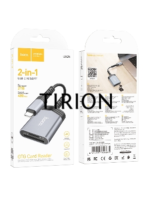 Картридер Type-C (OTG) Hoco UA25, 2в1: SD, TF (MicroSD), кабель 19см, алюминий