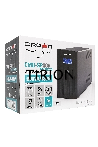 Источник бесперебойного питания CROWN 800VA/450W, металл, 1x12V/9AH, розетки 3*EURO+1*IEC bybass, трансформатор AVR 145-280V, LCD дисплей, съёмный кабель 1.2м, фильтр телефонной и ethernet линии RJ11/45, защита батареи, от перегрузки, от КЗ