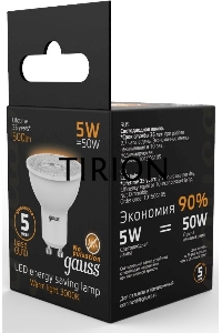 Лампа светодиодная Gauss Black 5Вт цок.:GU10 рефлектор 220B 3000K св.свеч.бел.теп. MR16 (упак.:10шт) (101506105)