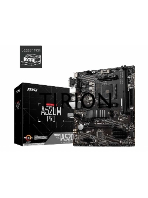 Материнская плата MSI A520M PRO, AM4, AMD A520, 2xDDR4, 4xSATA, 1xM.2, 1xPCIe 3.0 x16, 1xDVI-D, 1xHDMI, 1x 1Gb LAN, 2xUSB 2.0, 4xUSB 3.2 Gen 1, 3x3.5 мм, 7.1, mATX