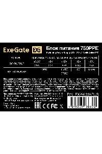 Блок питания ExeGate 750PPE, 750W, (ATX, APFC, SC, КПД 80% (80 PLUS), 12cm fan, 24pin, 2x(4+4)pin, 4xPCI-E, 6xSATA, 3xIDE, black, кабель 220V 1,8м с защитой от выдергивания)