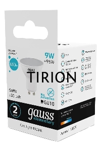Лампа светодиодная Gauss Spotlight Elementary 9Вт цок.:GU10 спот 220B 4100K св.свеч.бел.нейт. MR16 (упак.:10шт) (13629)