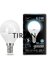 Лампа светодиодная Gauss 6.5Вт цок.:E14 шар 220B 4100K св.свеч.бел.нейт. (упак.:10шт) (105101207)