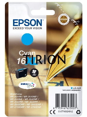 Картридж EPSON 16XL (C13T16324012) голубой повышенной емкости (450 стр.) для WF-2010/WF-2510/WF-2540