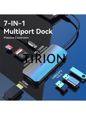 Хаб Vention USB-C to HDMI/USB 3.0x3/SD/TF/PD Docking Station Gray 0.15M Aluminum Alloy Type