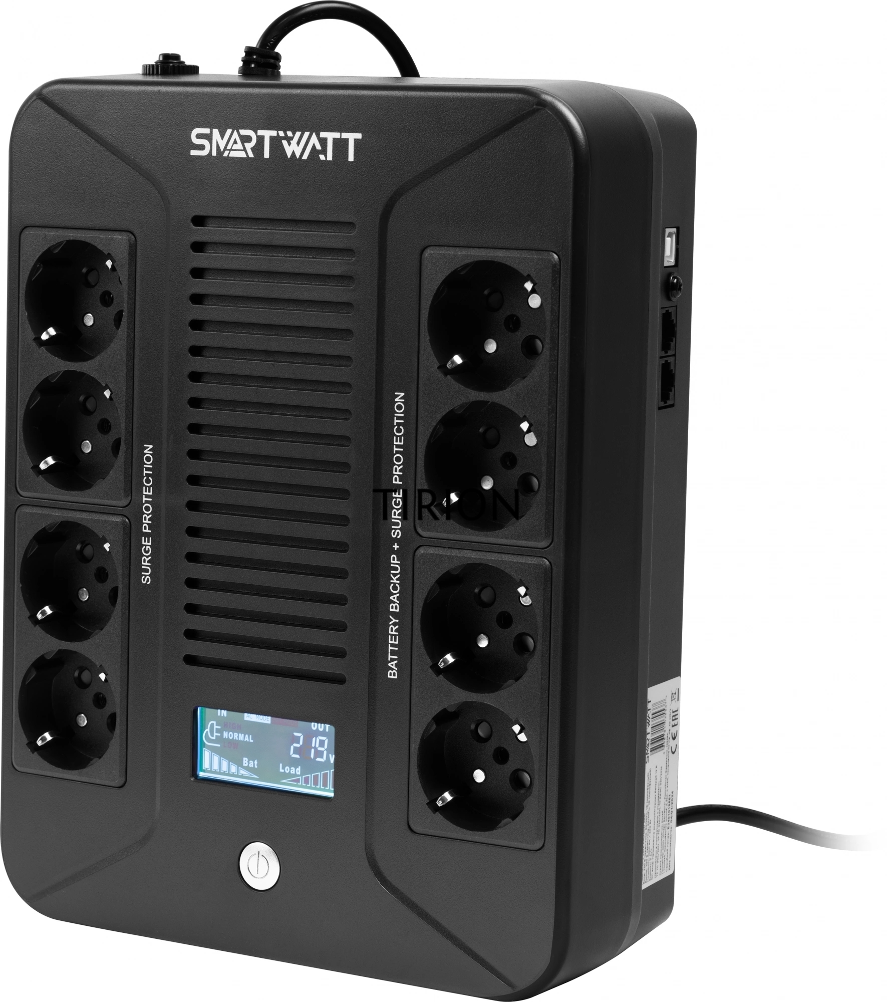 Источник бесперебойного питания SMARTWATT UPS SAFE PRO LCD 800 черный 800/480 ВА/Вт, напольный/настенный, линейно-интерактивный, LCD дисплей, Shuko CEE7/4 - 8 шт. (4 шт. с резервным питанием, 4 шт. - сетевой фильтр)